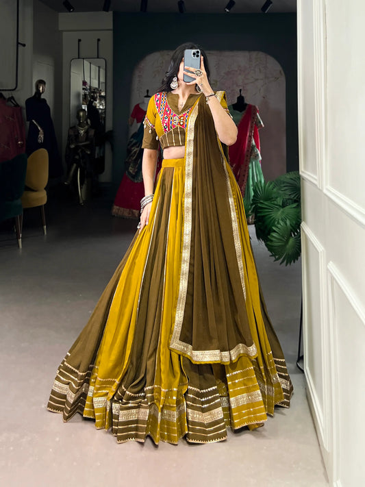 Olive Green-Mustard Navratri Lehenga with Mirror & Gamthi Work With Lace Touch Up