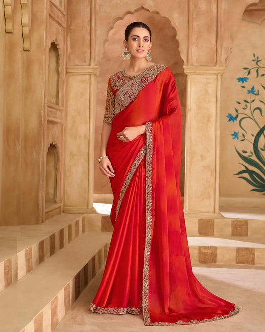 Scarlet Red Chiffon Embroidery Saree