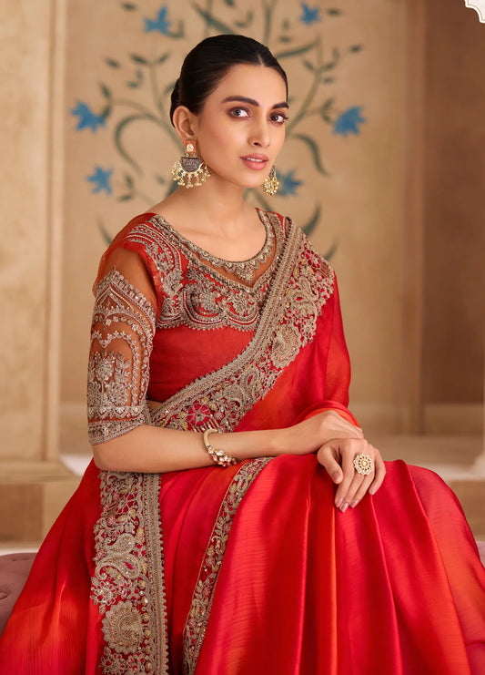 Scarlet Red Chiffon Embroidery Saree