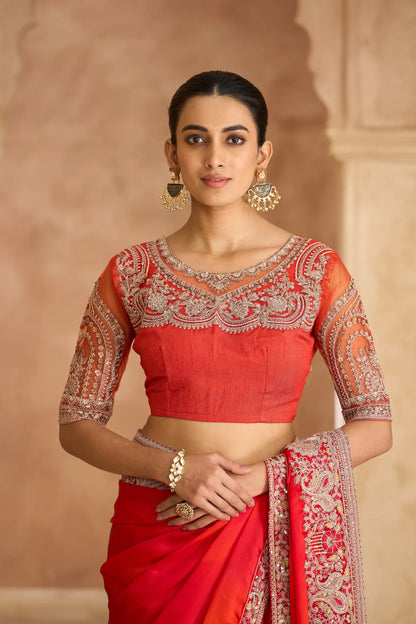 Scarlet Red Chiffon Embroidery Saree