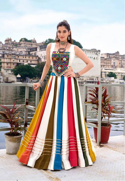 Multicolor Chaniya Choli With Mirror & Gamthi Work