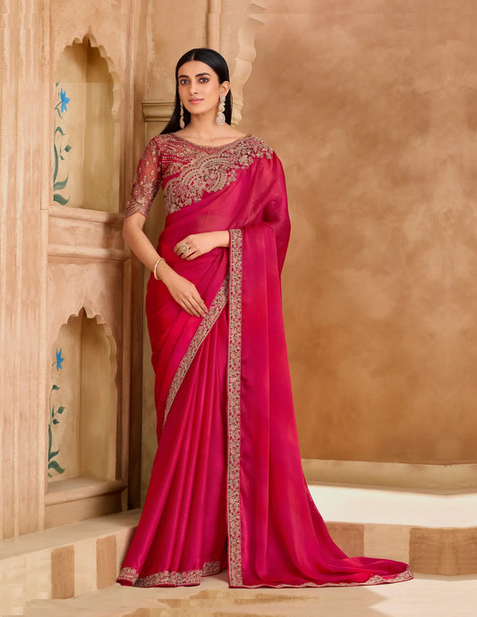 Rich Pink Chiffon Embroidery Saree