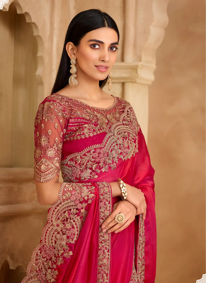 Rich Pink Chiffon Embroidery Saree