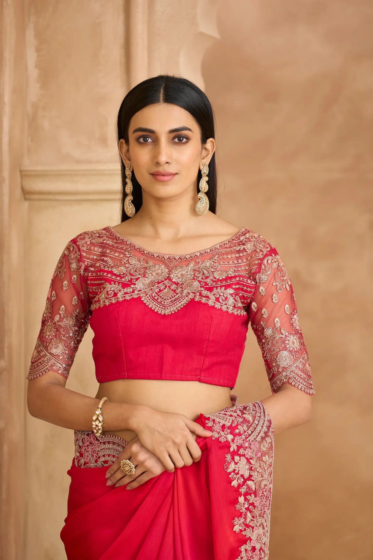 Rich Pink Chiffon Embroidery Saree