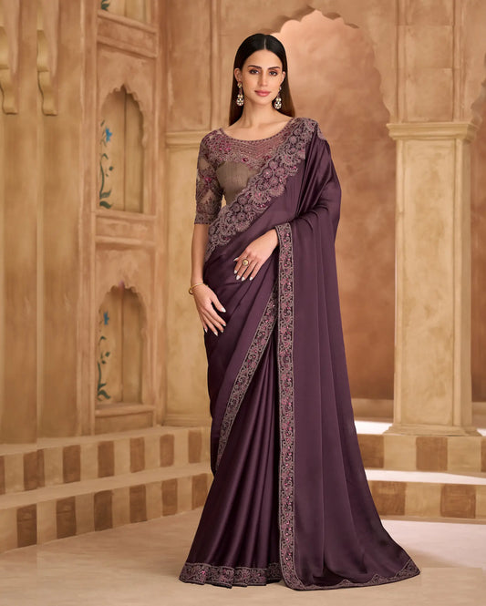 Wine Berry Chiffon Embroidery Saree