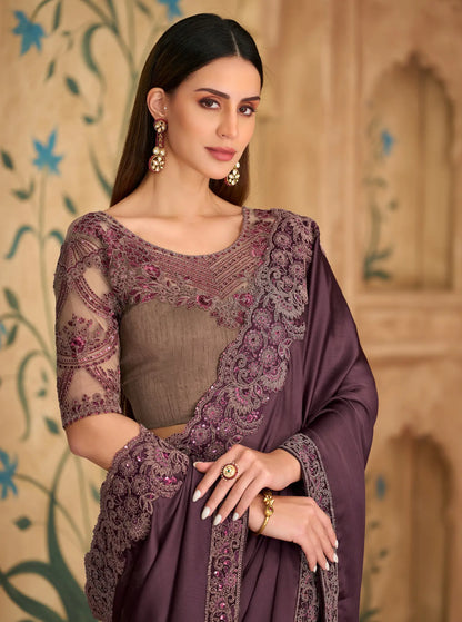 Wine Berry Chiffon Embroidery Saree