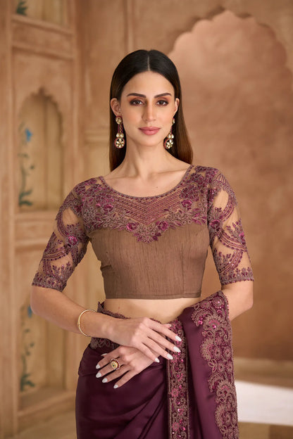 Wine Berry Chiffon Embroidery Saree