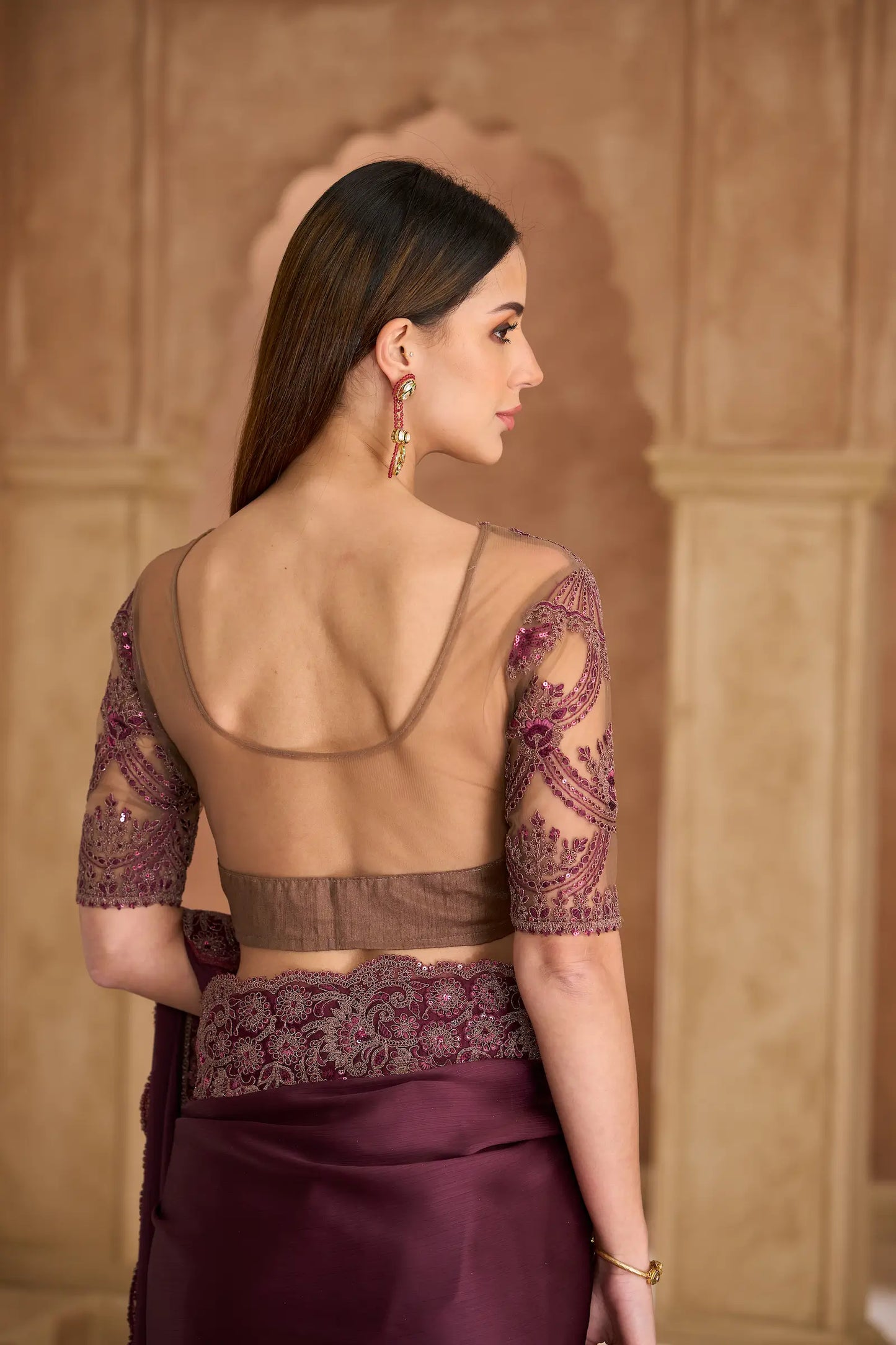 Wine Berry Chiffon Embroidery Saree