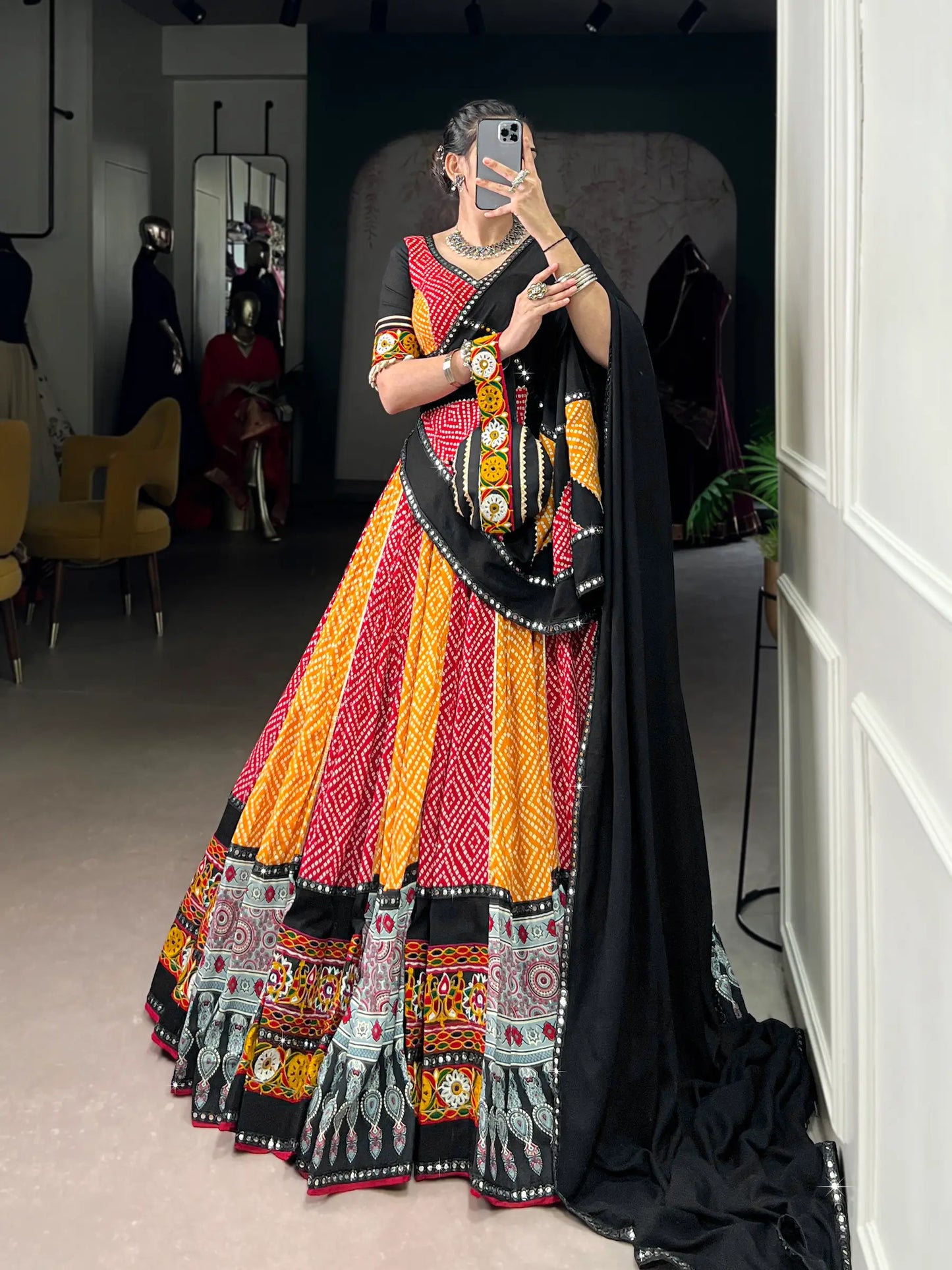 Red-Yellow Rayon Printed & Gamthi Work Navratri Lehenga Choli