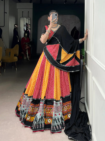 Red-Yellow Rayon Printed & Gamthi Work Navratri Lehenga Choli