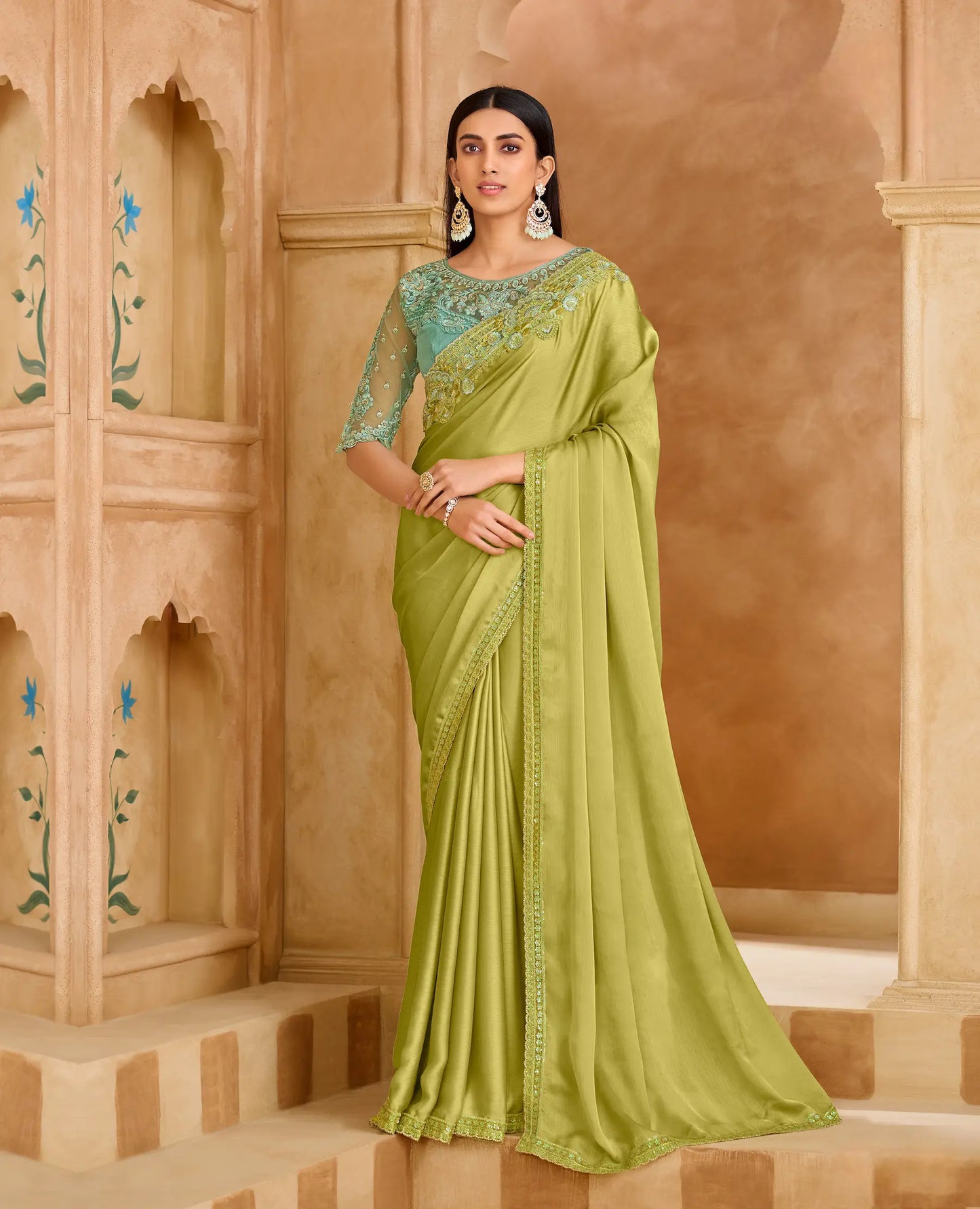 Lime Green Chiffon Embroidery Saree