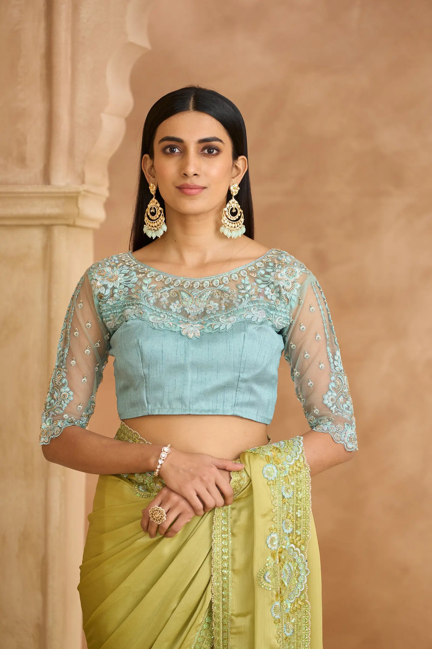 Lime Green Chiffon Embroidery Saree