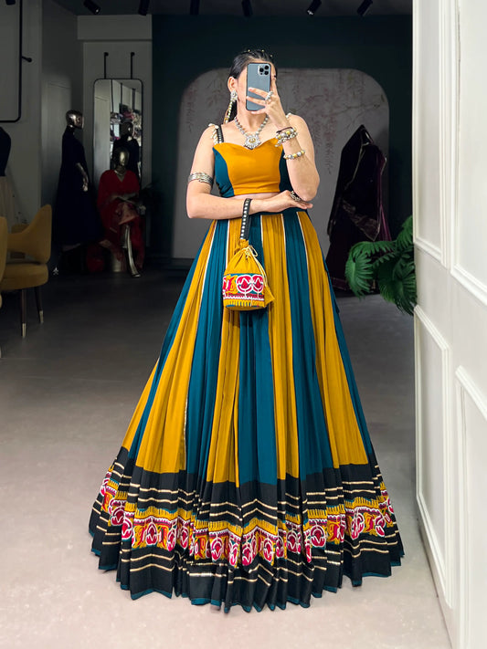 Teal Blue-Mustard Rayon Gamthi Work Navratri Lehenga Choli