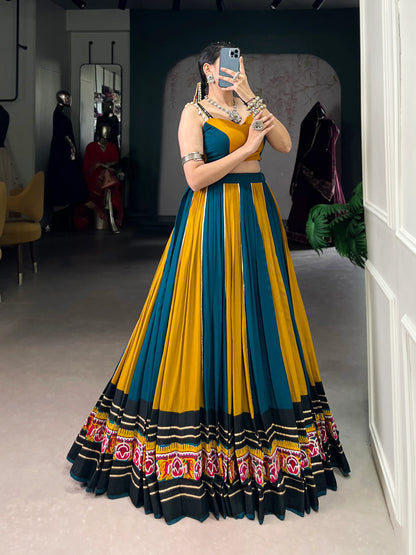 Teal Blue-Mustard Rayon Gamthi Work Navratri Lehenga Choli