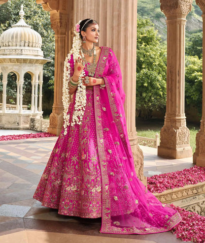 Hot Pink Bridal Lehenga Khatli Embroidery & 2 Dupatta
