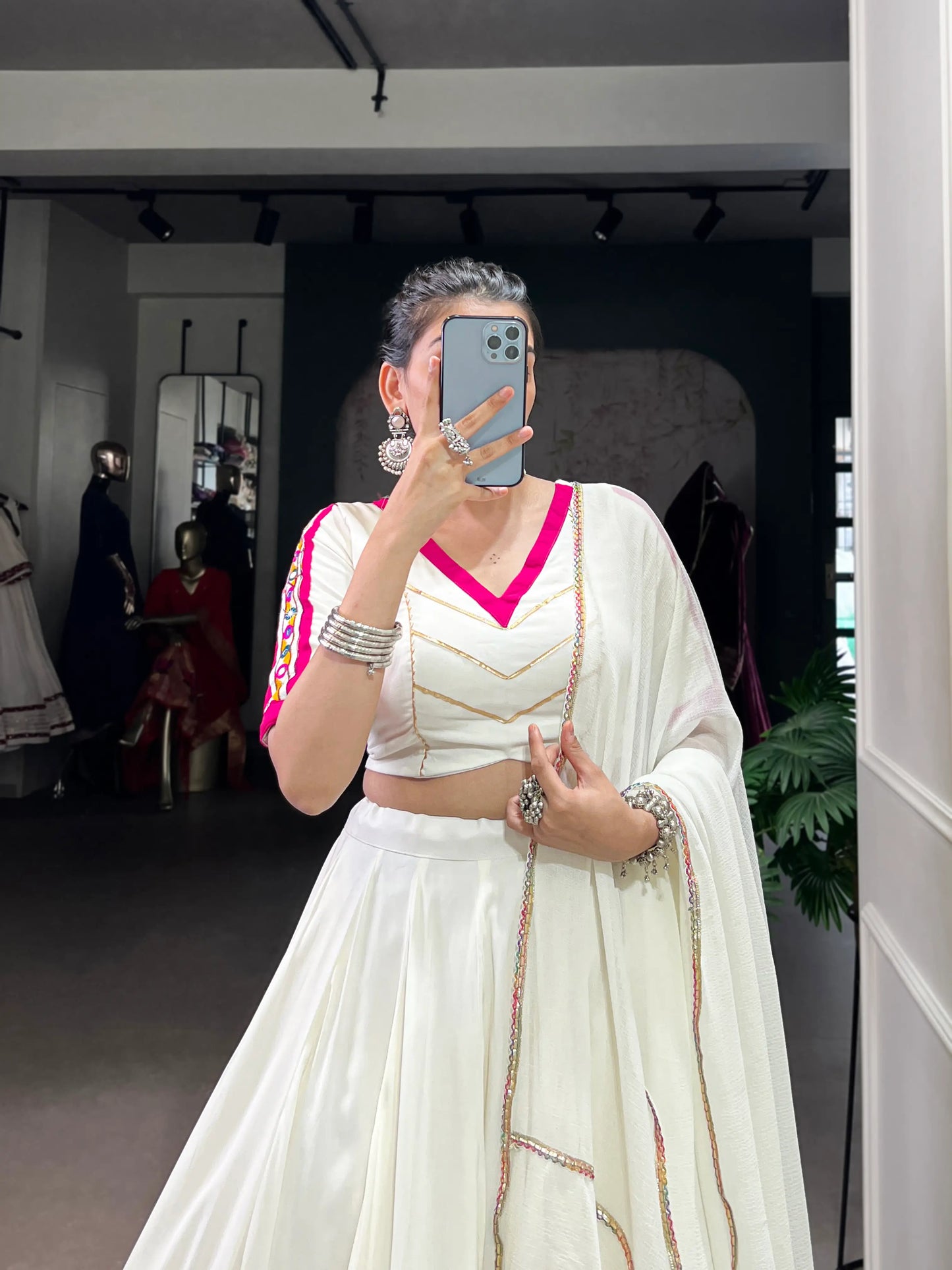 White Rayon Navratri Lehenga Choli With Lace Touch Up & Gamthi Work