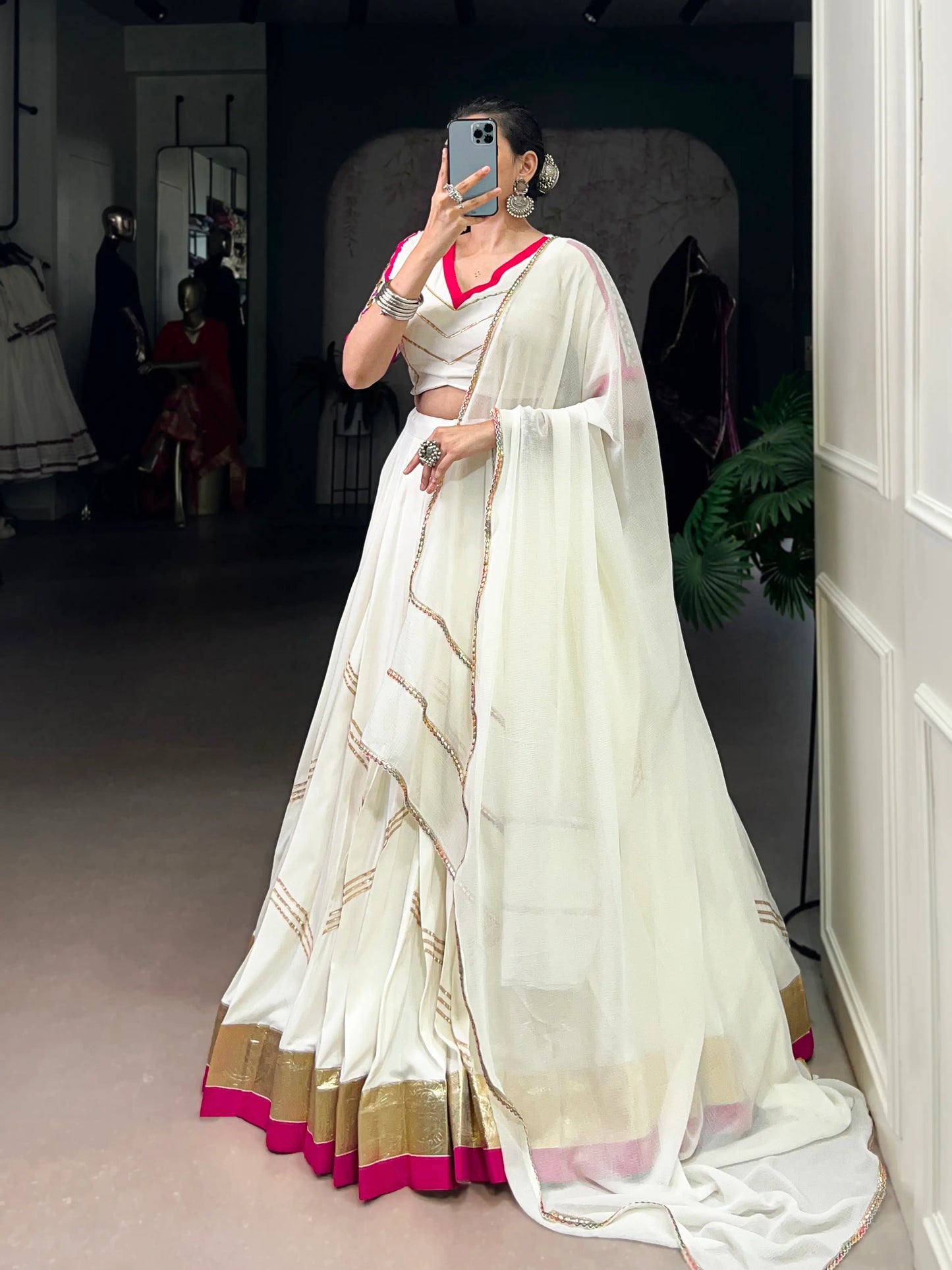 White Rayon Navratri Lehenga Choli With Lace Touch Up & Gamthi Work