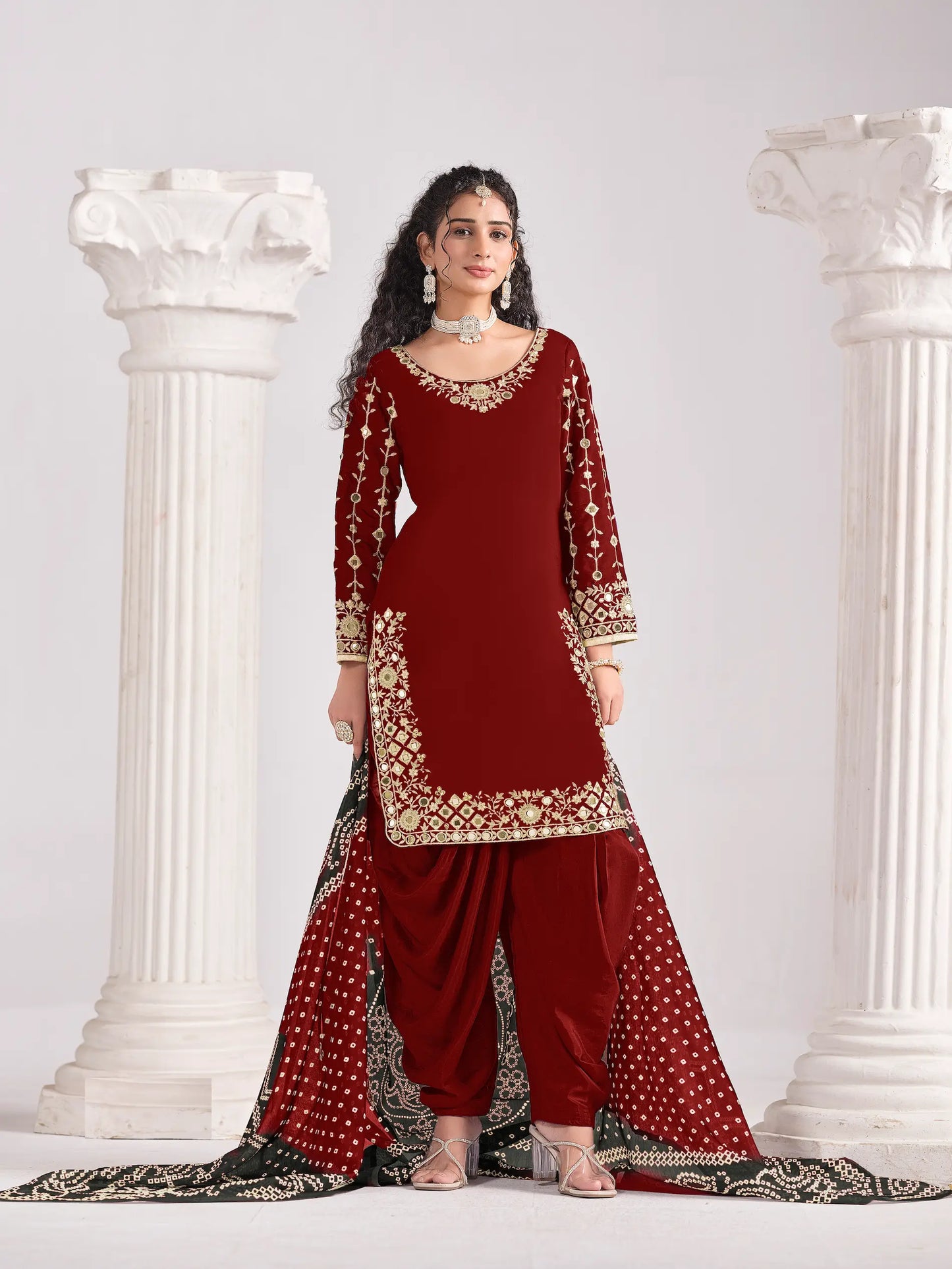 Maroon Silk Salwar Suit With Mirror Work & Embroidery
