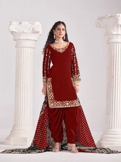Maroon Silk Salwar Suit With Mirror Work & Embroidery