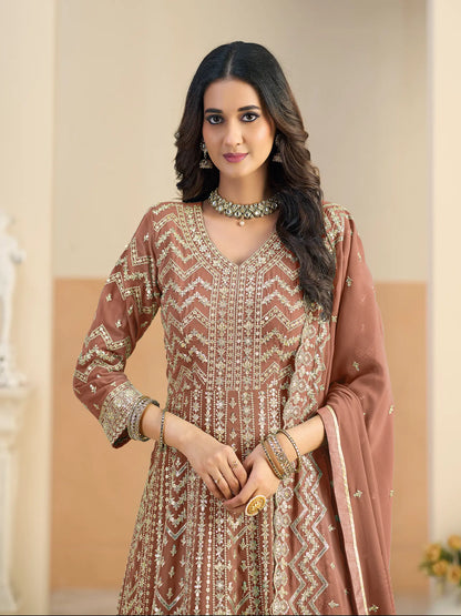 Rust Brown Georgette Embroidery Gown