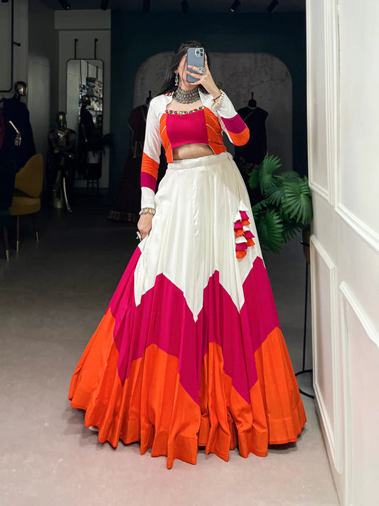 White Multicolor Rayon Gamthi Work Navratri Lehenga CHoli