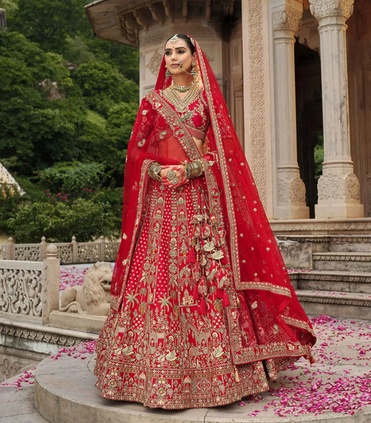 Cornel Red Bridal Lehenga Khatli Embroidery & 2 Dupatta