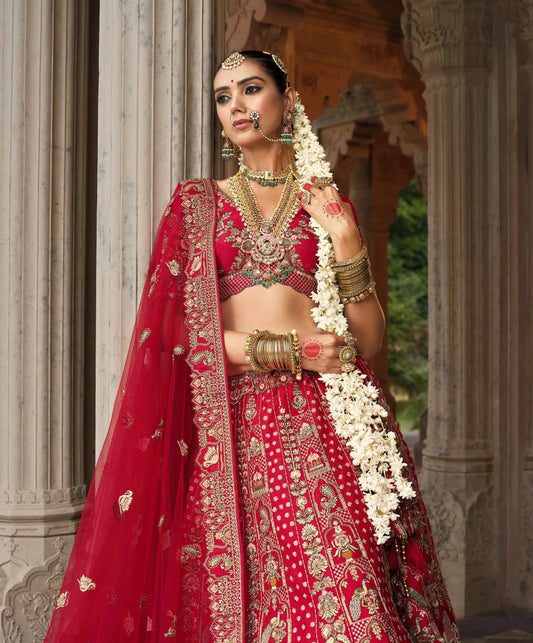 Cornel Red Bridal Lehenga Khatli Embroidery & 2 Dupatta