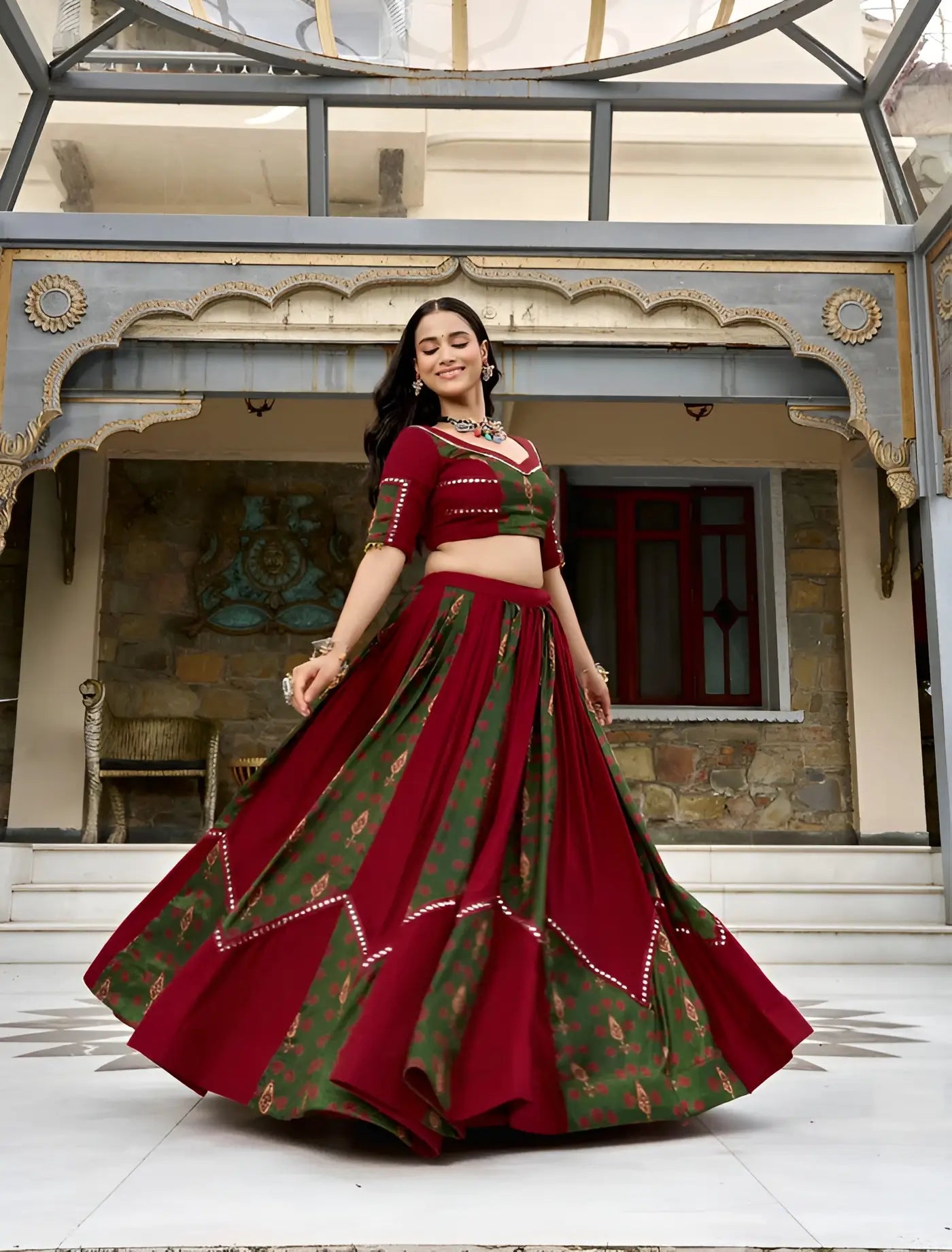 Maroon Garba Chaniya choli With Patch Work & Lace Touch Up