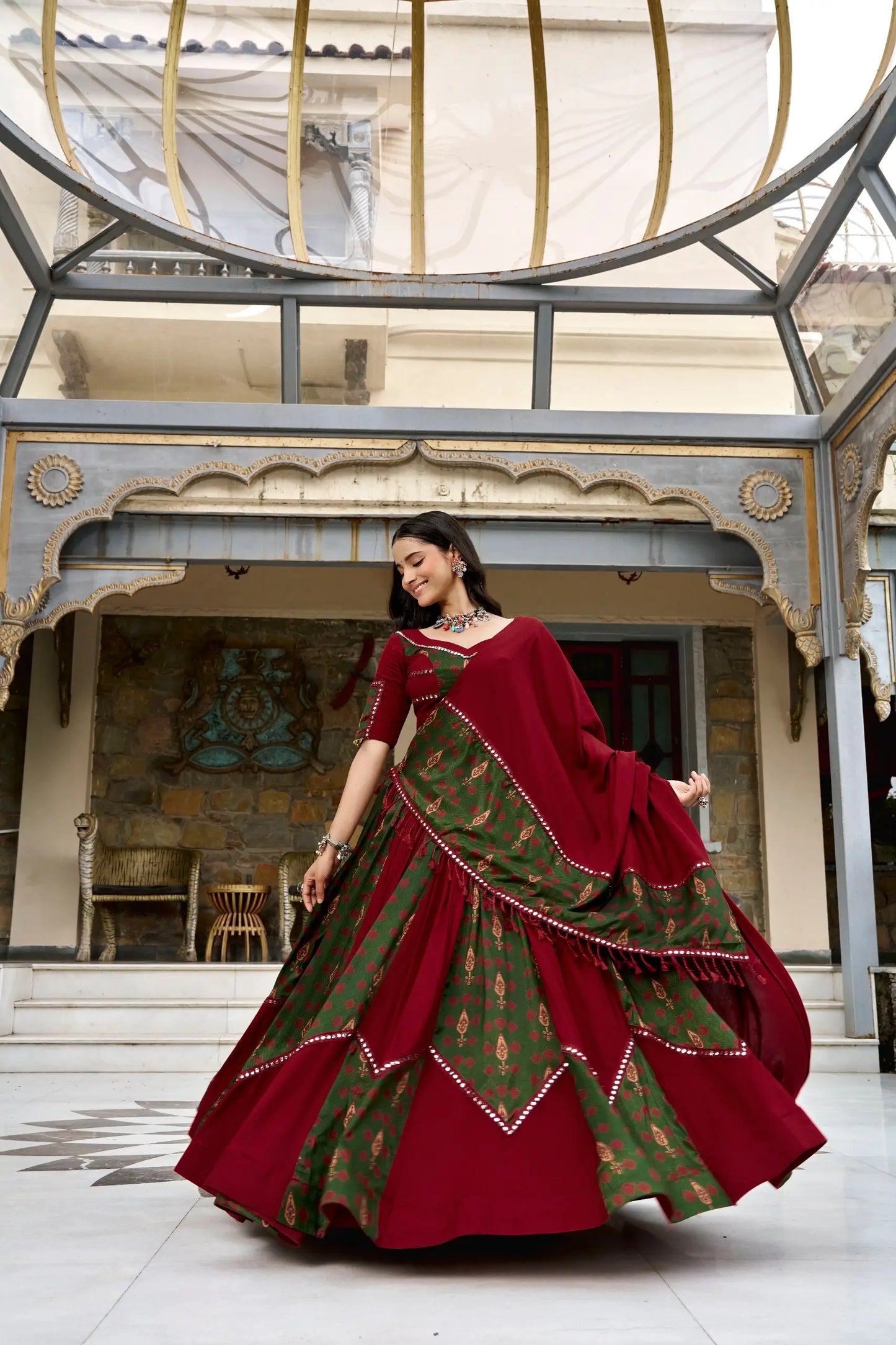 Maroon Garba Chaniya choli With Patch Work & Lace Touch Up