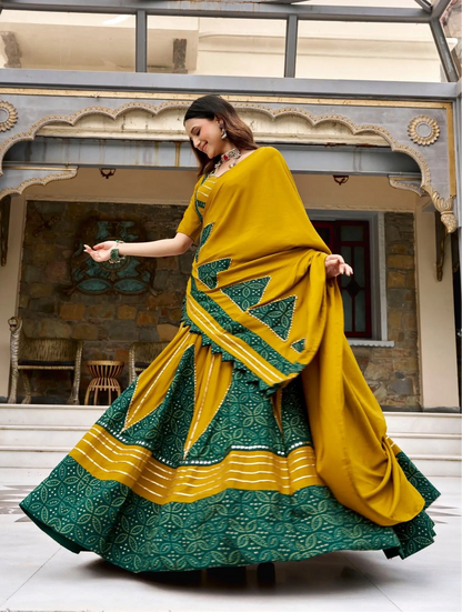 Mustard Garba Chaniya choli With Patch Work & Lace Touch Up