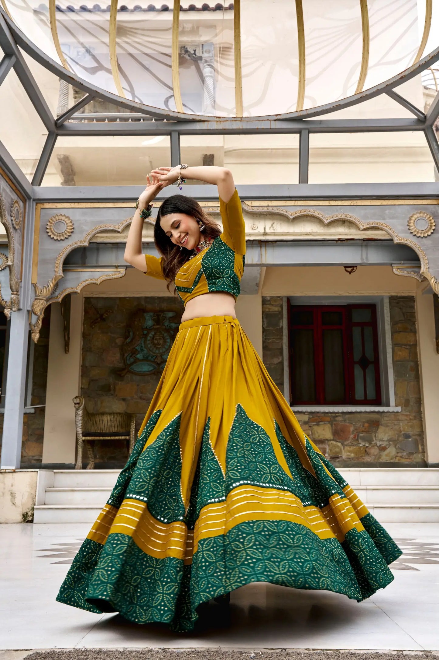 Mustard Garba Chaniya choli With Patch Work & Lace Touch Up
