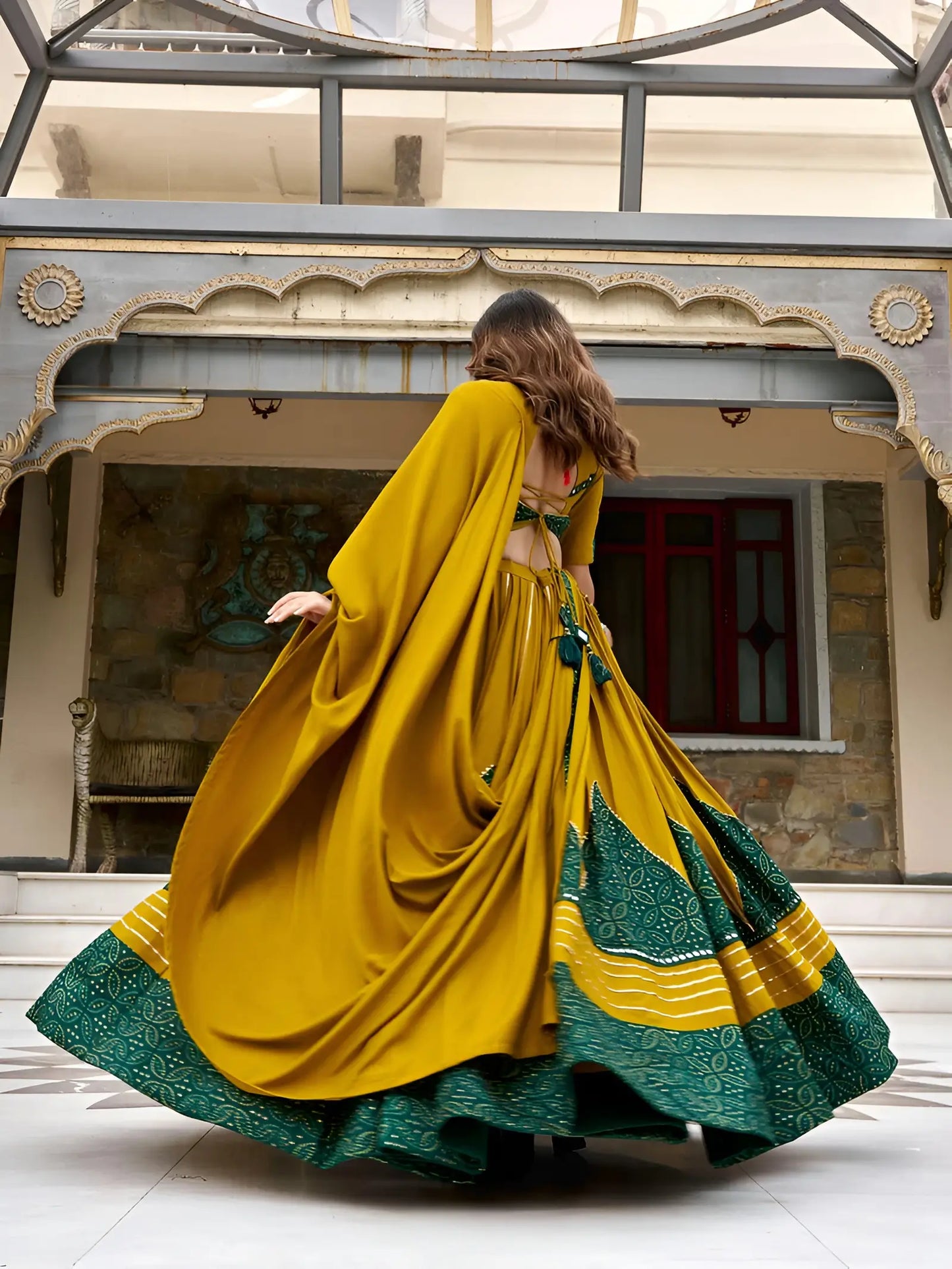 Mustard Garba Chaniya choli With Patch Work & Lace Touch Up