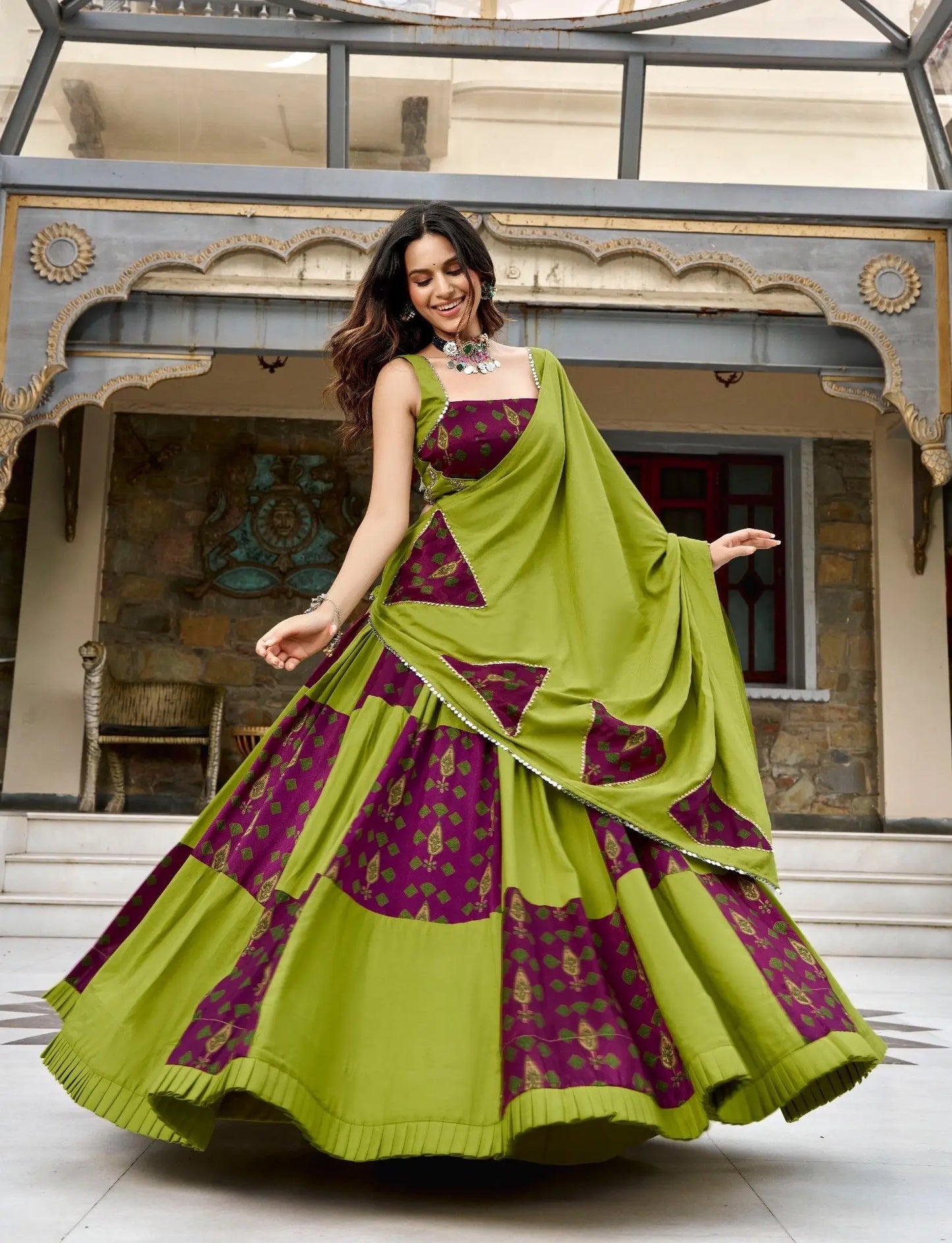 Parrot Green Garba Chaniya choli With Patch Work & Lace Touch Up