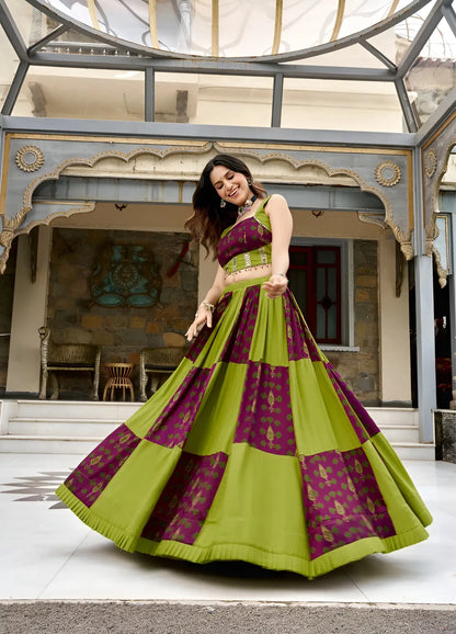 Parrot Green Garba Chaniya choli With Patch Work & Lace Touch Up