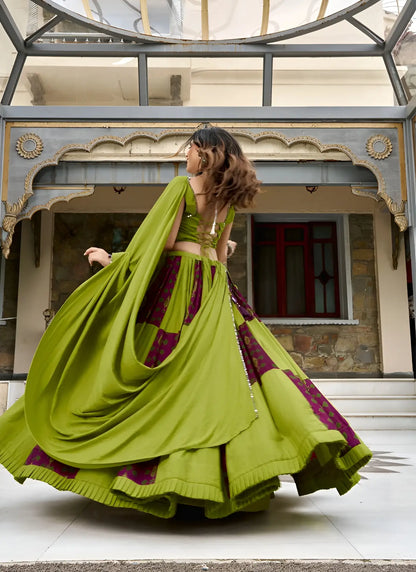 Parrot Green Garba Chaniya choli With Patch Work & Lace Touch Up