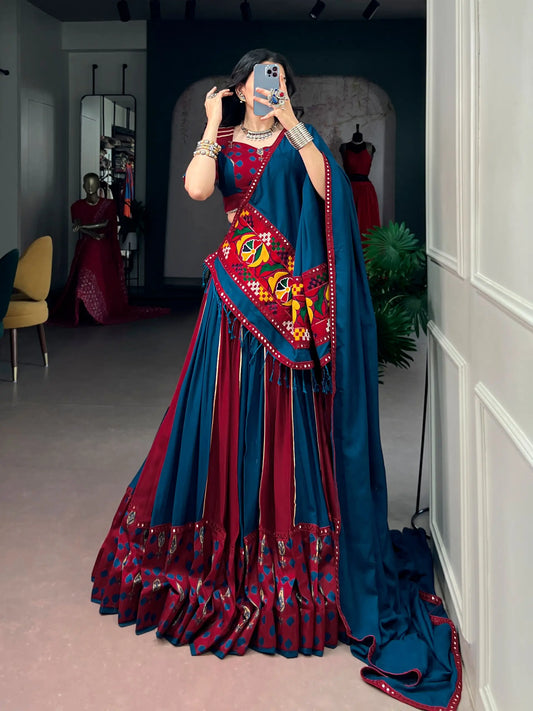 Maroon-Blue Printed Garba Chaniya Choli