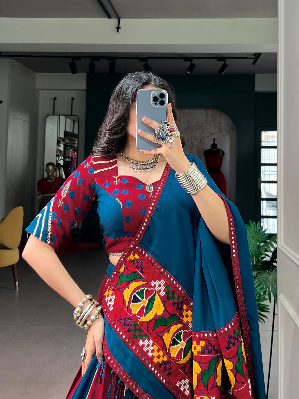 Maroon-Blue Printed Garba Chaniya Choli