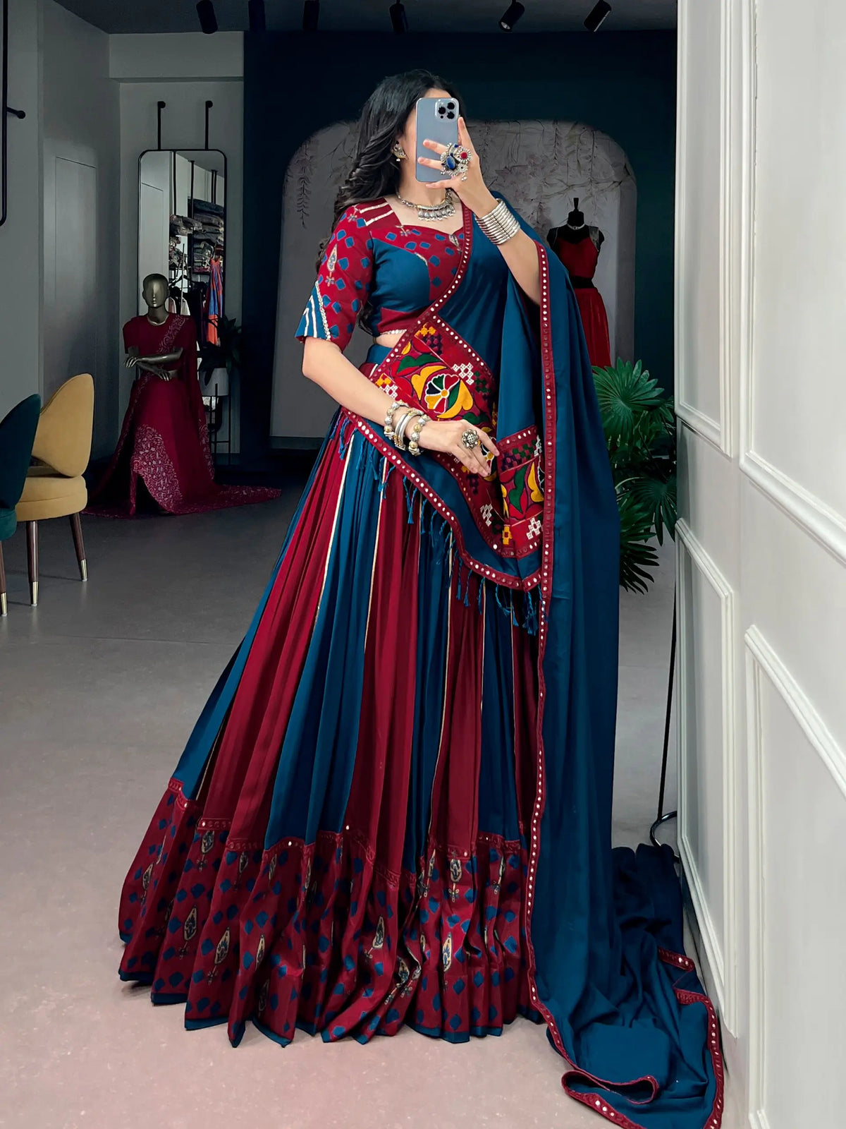 Maroon-Blue Printed Garba Chaniya Choli
