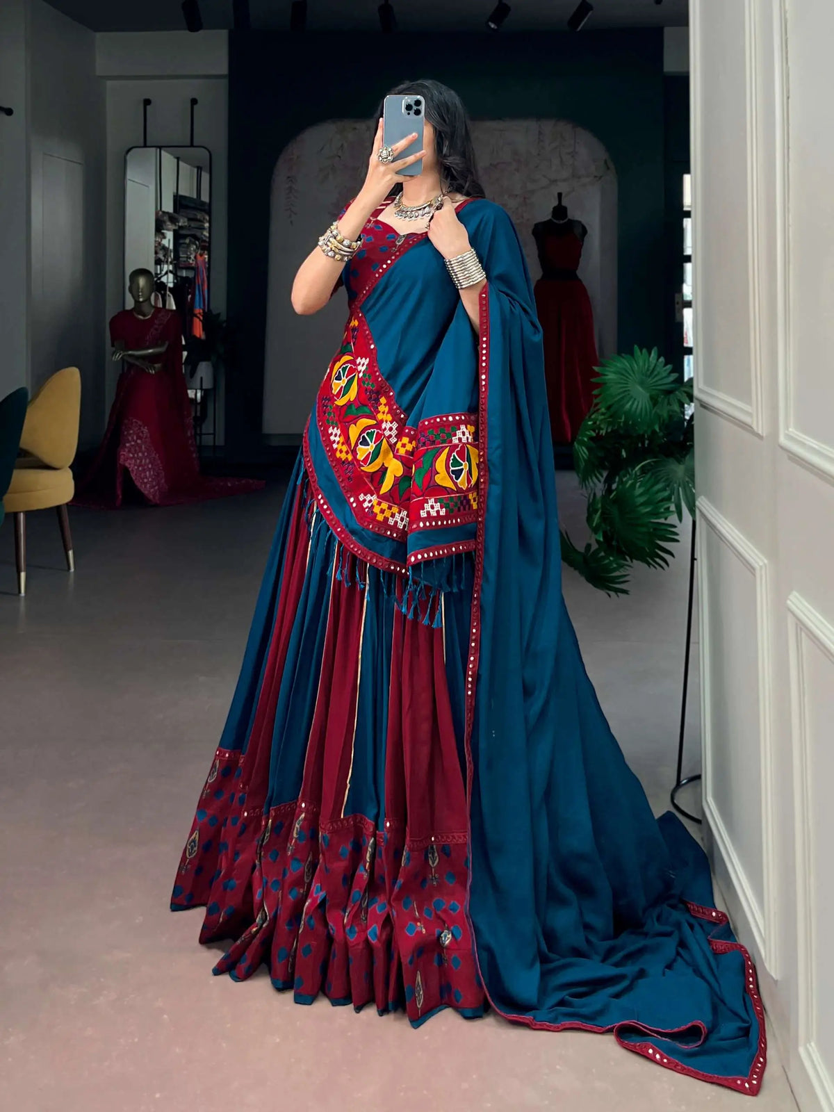 Maroon-Blue Printed Garba Chaniya Choli