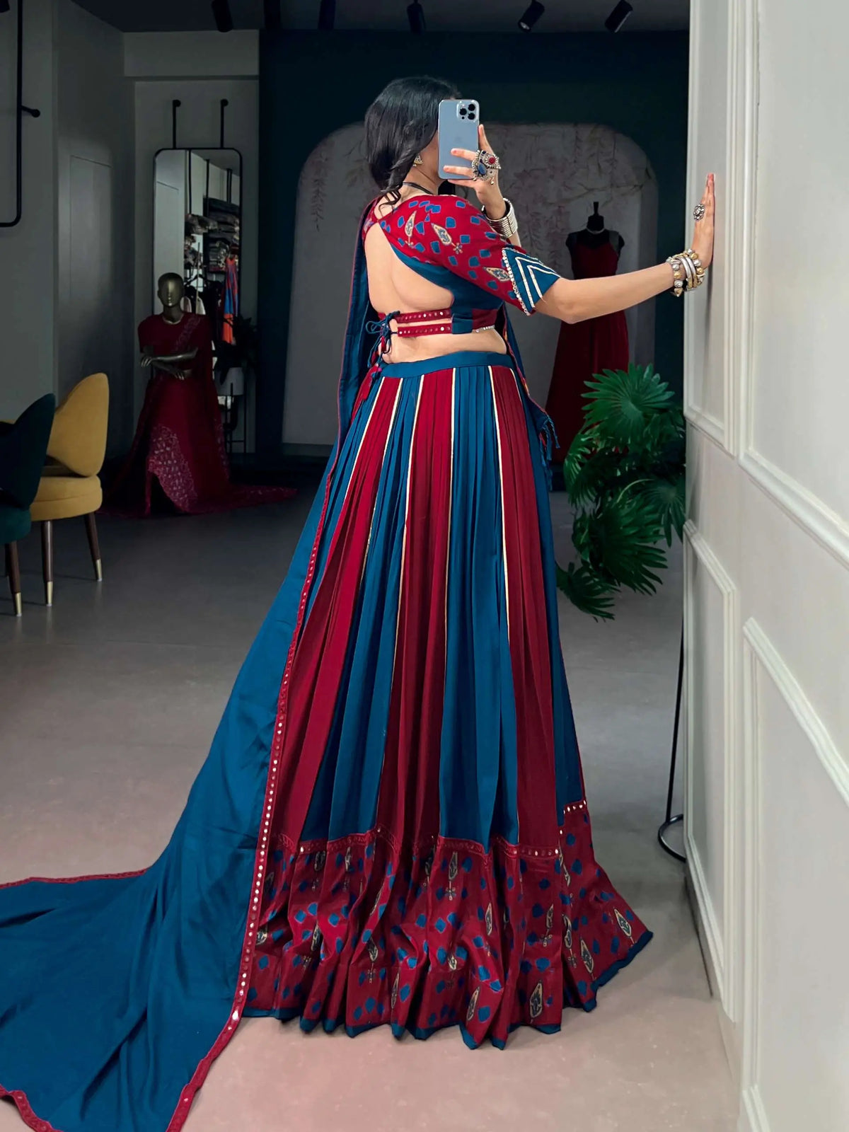 Maroon-Blue Printed Garba Chaniya Choli