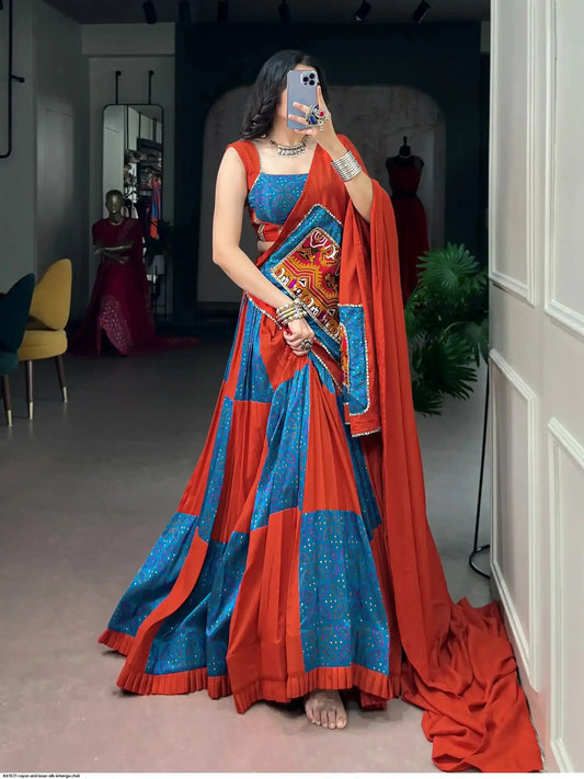 Teal-Rust Printed Garba Chaniya Choli