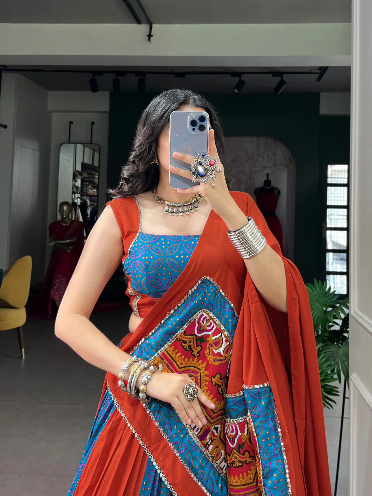Teal-Rust Printed Garba Chaniya Choli
