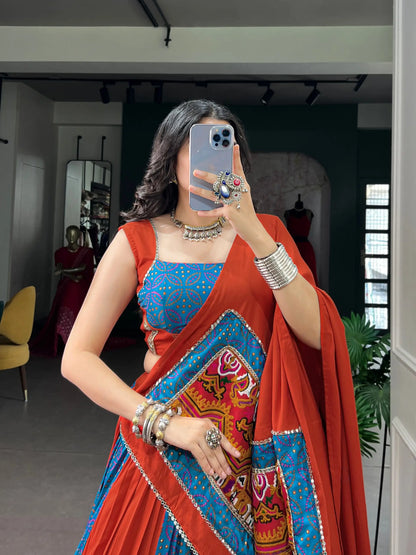 Teal-Rust Printed Garba Chaniya Choli