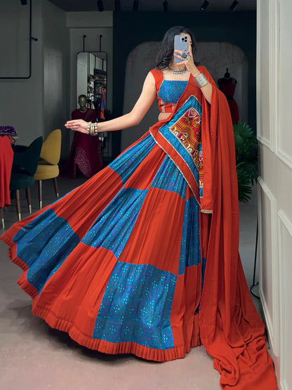 Teal-Rust Printed Garba Chaniya Choli