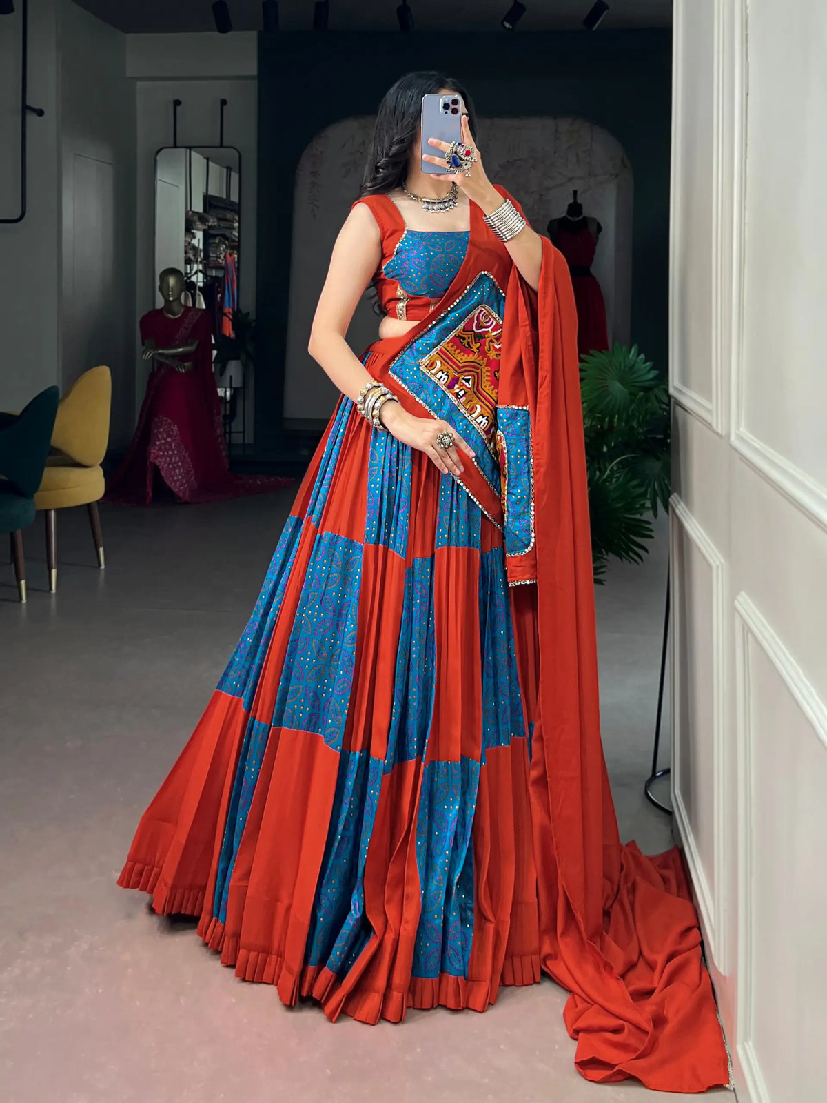 Teal-Rust Printed Garba Chaniya Choli
