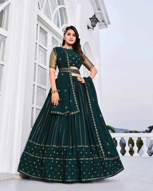 Teal Green Georgette Thread with Sequence Embroidery Work Lehenga Choli