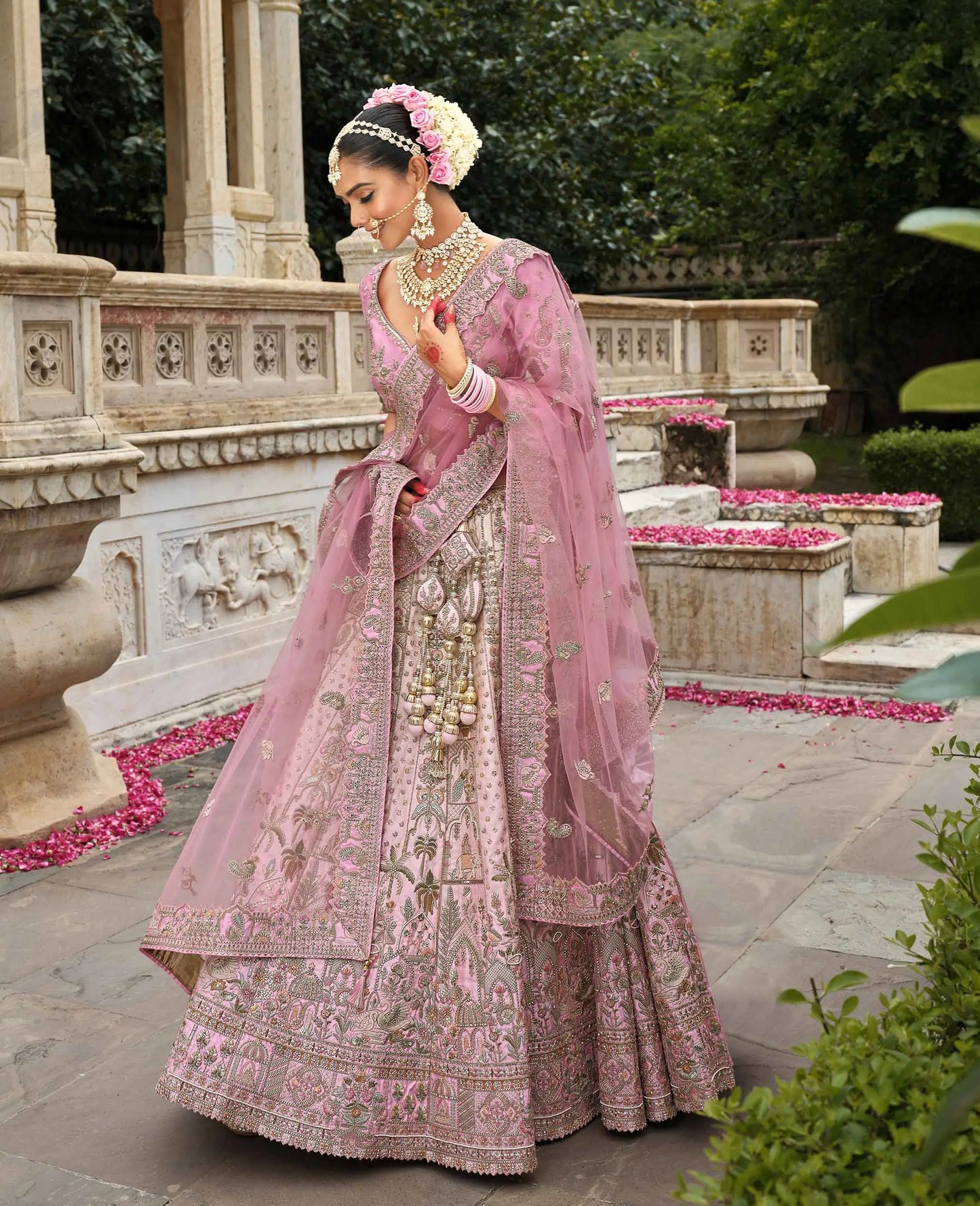 Peach Pink Bridal Lehenga Khatli Embroidery & 2 Dupatta