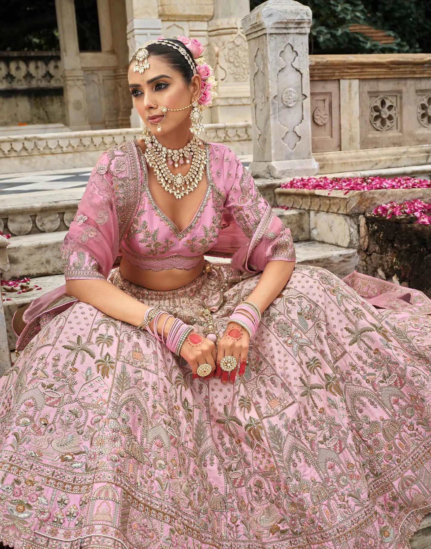 Peach Pink Bridal Lehenga Khatli Embroidery & 2 Dupatta