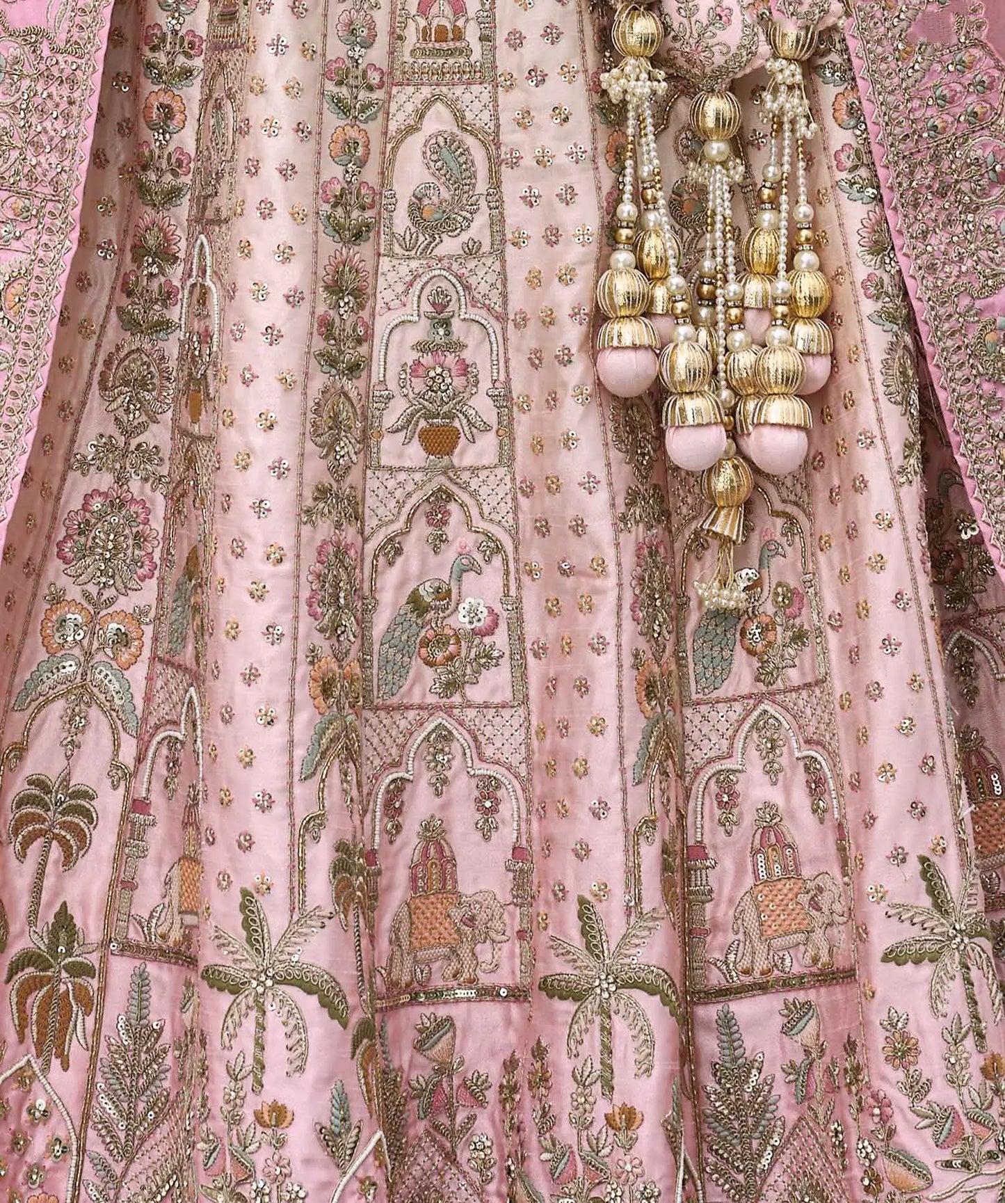 Peach Pink Bridal Lehenga Khatli Embroidery & 2 Dupatta