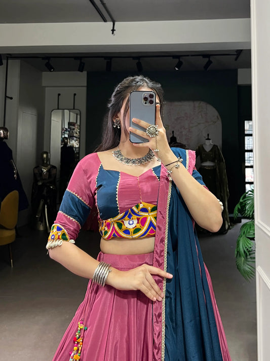 Tulip Pink Crepe Silk Gamthi Work Navratri Lehenga Choli